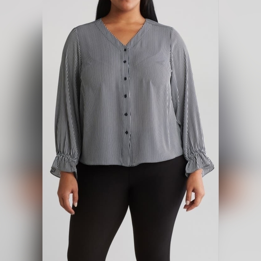 T Tahari Ruffle Cuff Blouse Black & White Striped Button-Down Top